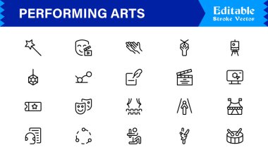 Sahne Sanatları Profesyoneli Asgari çizgi simgesi Modern tiyatro maskeleri, bale ayakkabıları, müzik notaları, sahne perdeleri, orkestra, dans, drama sembolleri 