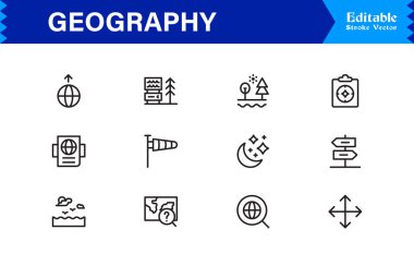 Coğrafya Özellikleri Profesyonel Satır Simgesi Asgari, Modern, Piksel Mükemmel Düzenleme Sembolleri Eğitim ve Haritalama Temaları 