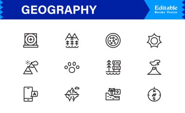 Coğrafya Özellikleri Profesyonel Satır Simgesi Asgari, Modern, Piksel Mükemmel Düzenleme Sembolleri Eğitim ve Haritalama Temaları 