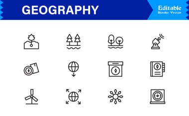 Coğrafya Özellikleri Profesyonel Satır Simgesi Asgari, Modern, Piksel Mükemmel Düzenleme Sembolleri Eğitim ve Haritalama Temaları 
