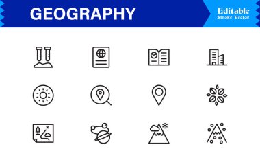 Coğrafya Özellikleri Profesyonel Satır Simgesi Asgari, Modern, Piksel Mükemmel Düzenleme Sembolleri Eğitim ve Haritalama Temaları 