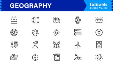 Coğrafya Özellikleri Profesyonel Satır Simgesi Asgari, Modern, Piksel Mükemmel Düzenleme Sembolleri Eğitim ve Haritalama Temaları 