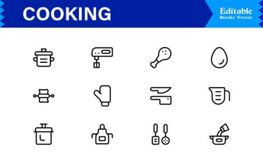 Yemek Hattı Simgeleri Koleksiyonu. Tarif simgeleri için Temel Mutfak Utensilleri ve Premium Vektör Ayarları.