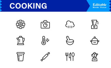 Yemek Hattı Simgeleri Koleksiyonu. Tarif simgeleri için Temel Mutfak Utensilleri ve Premium Vektör Ayarları.