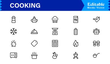 Yemek Hattı Simgeleri Koleksiyonu. Tarif simgeleri için Temel Mutfak Utensilleri ve Premium Vektör Ayarları.