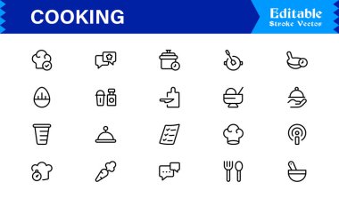 Yemek Hattı Simgeleri Koleksiyonu. Tarif simgeleri için Temel Mutfak Utensilleri ve Premium Vektör Ayarları.