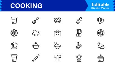 Yemek Hattı Simgeleri Koleksiyonu. Tarif simgeleri için Temel Mutfak Utensilleri ve Premium Vektör Ayarları.