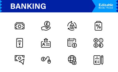 Bankacılık Çözümleri Yüksek Dijital Markalar Profesyonel Modern Asgari Hat simgesi seti Kredi kartları, ödemeler, para birimi, ATM 'ler, yatırım, güvenlik 