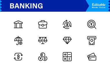 Bankacılık Çözümleri Yüksek Dijital Markalar Profesyonel Modern Asgari Hat simgesi seti Kredi kartları, ödemeler, para birimi, ATM 'ler, yatırım, güvenlik 