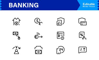 Bankacılık Çözümleri Yüksek Dijital Markalar Profesyonel Modern Asgari Hat simgesi seti Kredi kartları, ödemeler, para birimi, ATM 'ler, yatırım, güvenlik 