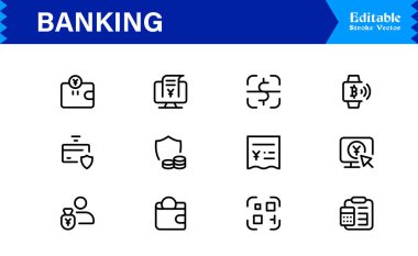 Bankacılık Çözümleri Yüksek Dijital Markalar Profesyonel Modern Asgari Hat simgesi seti Kredi kartları, ödemeler, para birimi, ATM 'ler, yatırım, güvenlik 