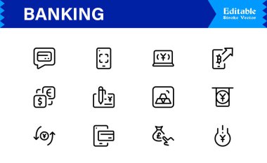Bankacılık Çözümleri Yüksek Dijital Markalar Profesyonel Modern Asgari Hat simgesi seti Kredi kartları, ödemeler, para birimi, ATM 'ler, yatırım, güvenlik 