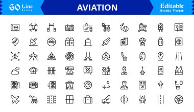 Modern, minimal ve profesyonelce tasarlanmış dijital kullanım için tasarlanmış, şık ve net havacılık görselleri yaratmak için ideal hava çizgisi simgesi seti.