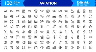 Modern, minimal ve profesyonelce tasarlanmış dijital kullanım için tasarlanmış, şık ve net havacılık görselleri yaratmak için ideal hava çizgisi simgesi seti.