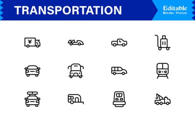 Dijital Projeler için Profesyonel Satır Simgelerinde Ulaşım Simgeleri Modern, Minimum ve Tam Boyutlandırılabilir Vektör Sembolleri 