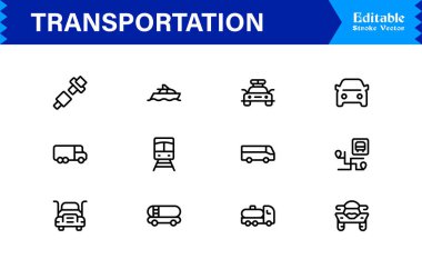 Dijital Projeler için Profesyonel Satır Simgelerinde Ulaşım Simgeleri Modern, Minimum ve Tam Boyutlandırılabilir Vektör Sembolleri 