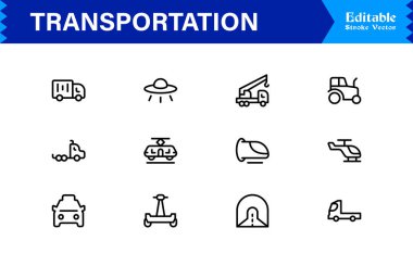 Dijital Projeler için Profesyonel Satır Simgelerinde Ulaşım Simgeleri Modern, Minimum ve Tam Boyutlandırılabilir Vektör Sembolleri 