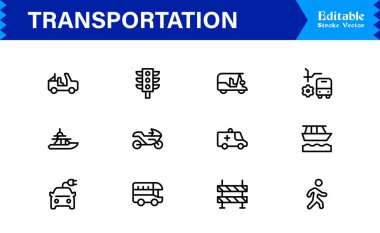 Dijital Projeler için Profesyonel Satır Simgelerinde Ulaşım Simgeleri Modern, Minimum ve Tam Boyutlandırılabilir Vektör Sembolleri 