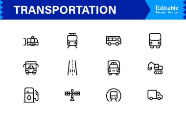 Dijital Projeler için Profesyonel Satır Simgelerinde Ulaşım Simgeleri Modern, Minimum ve Tam Boyutlandırılabilir Vektör Sembolleri 
