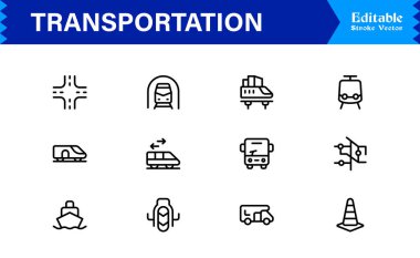 Dijital Projeler için Profesyonel Satır Simgelerinde Ulaşım Simgeleri Modern, Minimum ve Tam Boyutlandırılabilir Vektör Sembolleri 