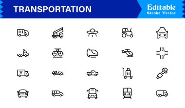 Dijital Projeler için Profesyonel Satır Simgelerinde Ulaşım Simgeleri Modern, Minimum ve Tam Boyutlandırılabilir Vektör Sembolleri 