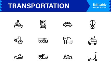 Dijital Projeler için Profesyonel Satır Simgelerinde Ulaşım Simgeleri Modern, Minimum ve Tam Boyutlandırılabilir Vektör Sembolleri 
