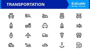 Dijital Projeler için Profesyonel Satır Simgelerinde Ulaşım Simgeleri Modern, Minimum ve Tam Boyutlandırılabilir Vektör Sembolleri 