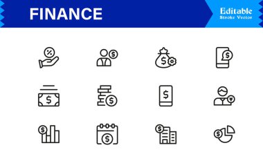 Finans Simgesi Seti: Bankacılık, Yatırım, Para Birimi ve Para Sembolleri Temiz Vektör Biçiminde
