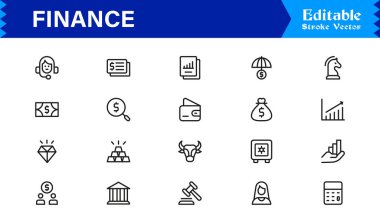 Finans Simgesi Seti: Bankacılık, Yatırım, Para Birimi ve Para Sembolleri Temiz Vektör Biçiminde