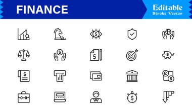 Finans Simgesi Seti: Bankacılık, Yatırım, Para Birimi ve Para Sembolleri Temiz Vektör Biçiminde