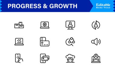 Profesyonel İlerleme ve Büyüme Çizgisi Simgesi Seti, Modern Minimalist Vektör Simgeleri Toplama İş Geliştirme, Başarı ve Dijital Kullanım Geliştirme Konseptleri