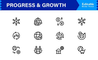 Profesyonel İlerleme ve Büyüme Çizgisi Simgesi Seti, Modern Minimalist Vektör Simgeleri Toplama İş Geliştirme, Başarı ve Dijital Kullanım Geliştirme Konseptleri
