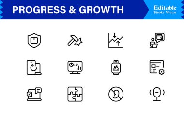 Profesyonel İlerleme ve Büyüme Çizgisi Simgesi Seti, Modern Minimalist Vektör Simgeleri Toplama İş Geliştirme, Başarı ve Dijital Kullanım Geliştirme Konseptleri