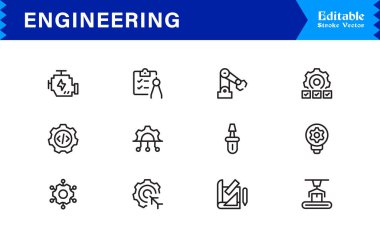 Mühendislik çizgisi simgesi seti. Temiz, düzenlenebilir, piksel kusursuz semboller içeriyor. Hassas güdümlü endüstriler için tasarlanmış profesyonel, modern ve minimal tasarımları içerir.
