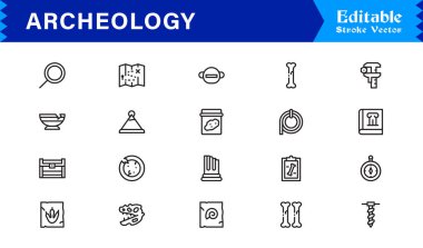 Arkeoloji çizgisi simgesi, piksel olarak mükemmel, düzenlenebilir simgeleri temiz, modern ve minimal bir tarzda içerir. Tarihi, kazı ve müze temaları için mükemmel..