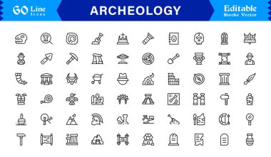 Arkeoloji çizgisi simgesi, piksel olarak mükemmel, düzenlenebilir simgeleri temiz, modern ve minimal bir tarzda içerir. Tarihi, kazı ve müze temaları için mükemmel..