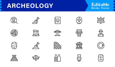 Arkeoloji çizgisi simgesi, piksel olarak mükemmel, düzenlenebilir simgeleri temiz, modern ve minimal bir tarzda içerir. Tarihi, kazı ve müze temaları için mükemmel..