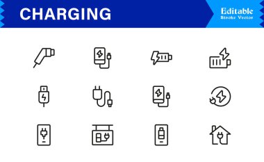 Modern Arayüzler için Şarj, Güç ve Enerji Transferini Temsil Eden Koleksiyon Simgesi Vektörü.