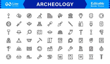 Arkeoloji çizgisi simgesi, piksel olarak mükemmel, düzenlenebilir simgeleri temiz, modern ve minimal bir tarzda içerir. Tarihi, kazı ve müze temaları için mükemmel..