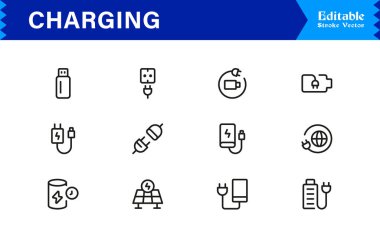 Modern Arayüzler için Şarj, Güç ve Enerji Transferini Temsil Eden Koleksiyon Simgesi Vektörü.