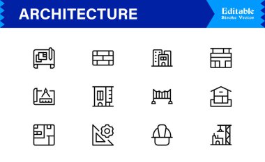 Modern Minimal Tasarımlar, Eşsiz İnşaat Sembolleri, İnşaat Elementleri, Şehir Planlama Simgeleri ve Yaratıcı Kullanım için Yapısal Konseptler içeren Profesyonel Mimari Satır Simgesi Seti