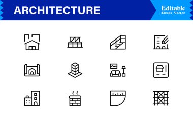 Modern Minimal Tasarımlar, Eşsiz İnşaat Sembolleri, İnşaat Elementleri, Şehir Planlama Simgeleri ve Yaratıcı Kullanım için Yapısal Konseptler içeren Profesyonel Mimari Satır Simgesi Seti