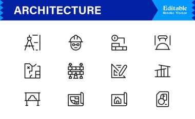 Modern Minimal Tasarımlar, Eşsiz İnşaat Sembolleri, İnşaat Elementleri, Şehir Planlama Simgeleri ve Yaratıcı Kullanım için Yapısal Konseptler içeren Profesyonel Mimari Satır Simgesi Seti
