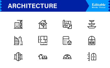 Modern Minimal Tasarımlar, Eşsiz İnşaat Sembolleri, İnşaat Elementleri, Şehir Planlama Simgeleri ve Yaratıcı Kullanım için Yapısal Konseptler içeren Profesyonel Mimari Satır Simgesi Seti