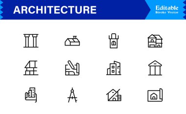 Modern Minimal Tasarımlar, Eşsiz İnşaat Sembolleri, İnşaat Elementleri, Şehir Planlama Simgeleri ve Yaratıcı Kullanım için Yapısal Konseptler içeren Profesyonel Mimari Satır Simgesi Seti