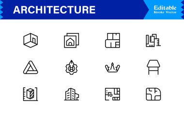 Modern Minimal Tasarımlar, Eşsiz İnşaat Sembolleri, İnşaat Elementleri, Şehir Planlama Simgeleri ve Yaratıcı Kullanım için Yapısal Konseptler içeren Profesyonel Mimari Satır Simgesi Seti