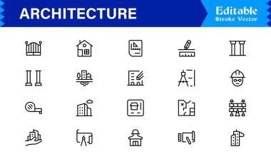Modern Minimal Tasarımlar, Eşsiz İnşaat Sembolleri, İnşaat Elementleri, Şehir Planlama Simgeleri ve Yaratıcı Kullanım için Yapısal Konseptler içeren Profesyonel Mimari Satır Simgesi Seti