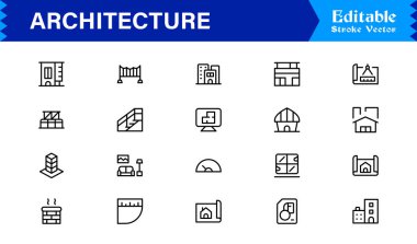 Modern Minimal Tasarımlar, Eşsiz İnşaat Sembolleri, İnşaat Elementleri, Şehir Planlama Simgeleri ve Yaratıcı Kullanım için Yapısal Konseptler içeren Profesyonel Mimari Satır Simgesi Seti