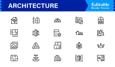 Modern Minimal Tasarımlar, Eşsiz İnşaat Sembolleri, İnşaat Elementleri, Şehir Planlama Simgeleri ve Yaratıcı Kullanım için Yapısal Konseptler içeren Profesyonel Mimari Satır Simgesi Seti