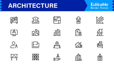 Modern Minimal Tasarımlar, Eşsiz İnşaat Sembolleri, İnşaat Elementleri, Şehir Planlama Simgeleri ve Yaratıcı Kullanım için Yapısal Konseptler içeren Profesyonel Mimari Satır Simgesi Seti